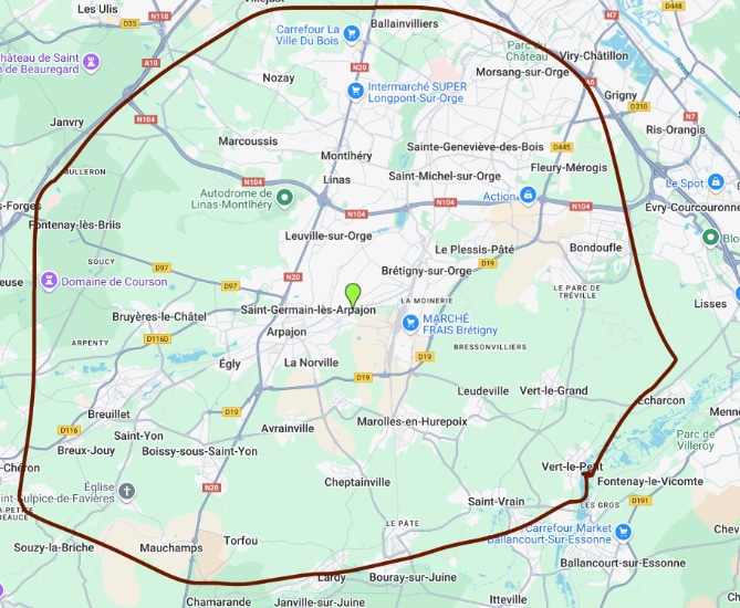 Carte de la zone d'intervention de M. Robert dans l'Essonne